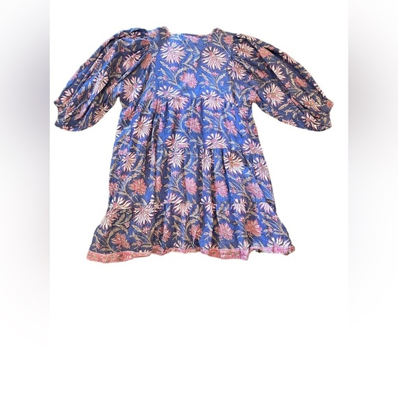 Marea by Liz Joy Casita Cotton Block Floral 3/4 Sleeve Tie Split Neck Mini Dress - Picture 3 of 8